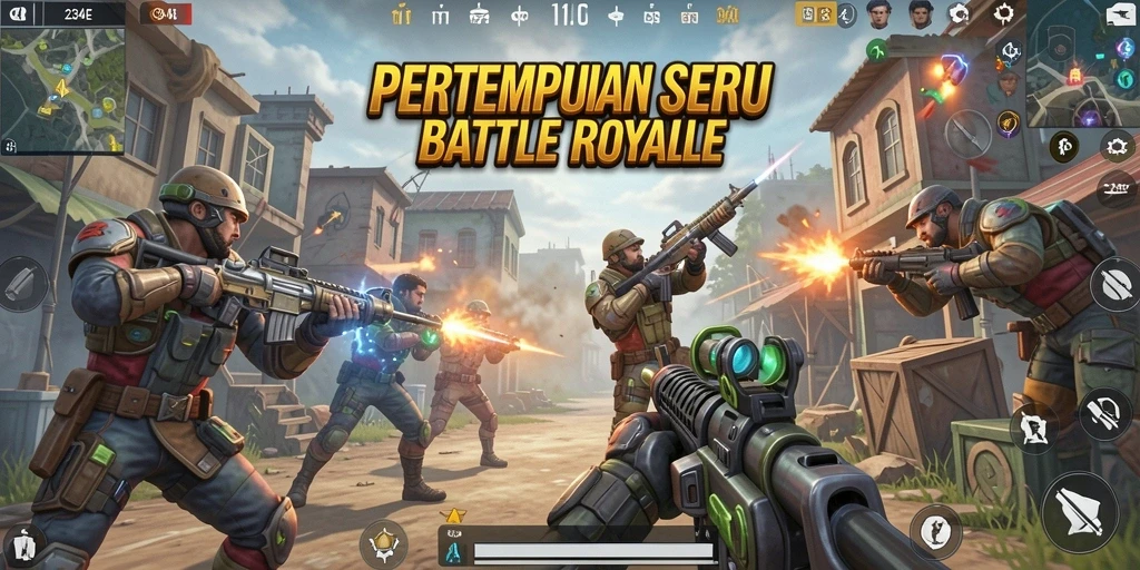 Screenshot gameplay 234E dengan aksi seru pertempuran Battle Royale.