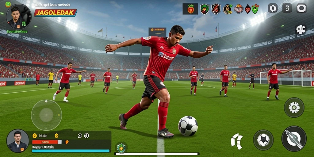 Tampilan gameplay seru dari JAGOLEDAK dengan aksi sepak bola nyata.