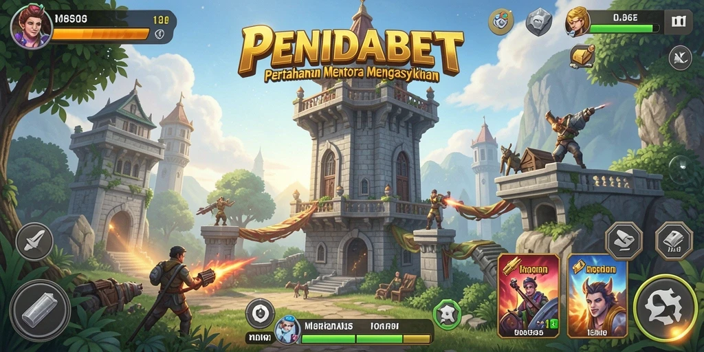 Tampilan gameplay PENIDABET yang menampilkan menara berfungsi dan musuh yang menyerang.